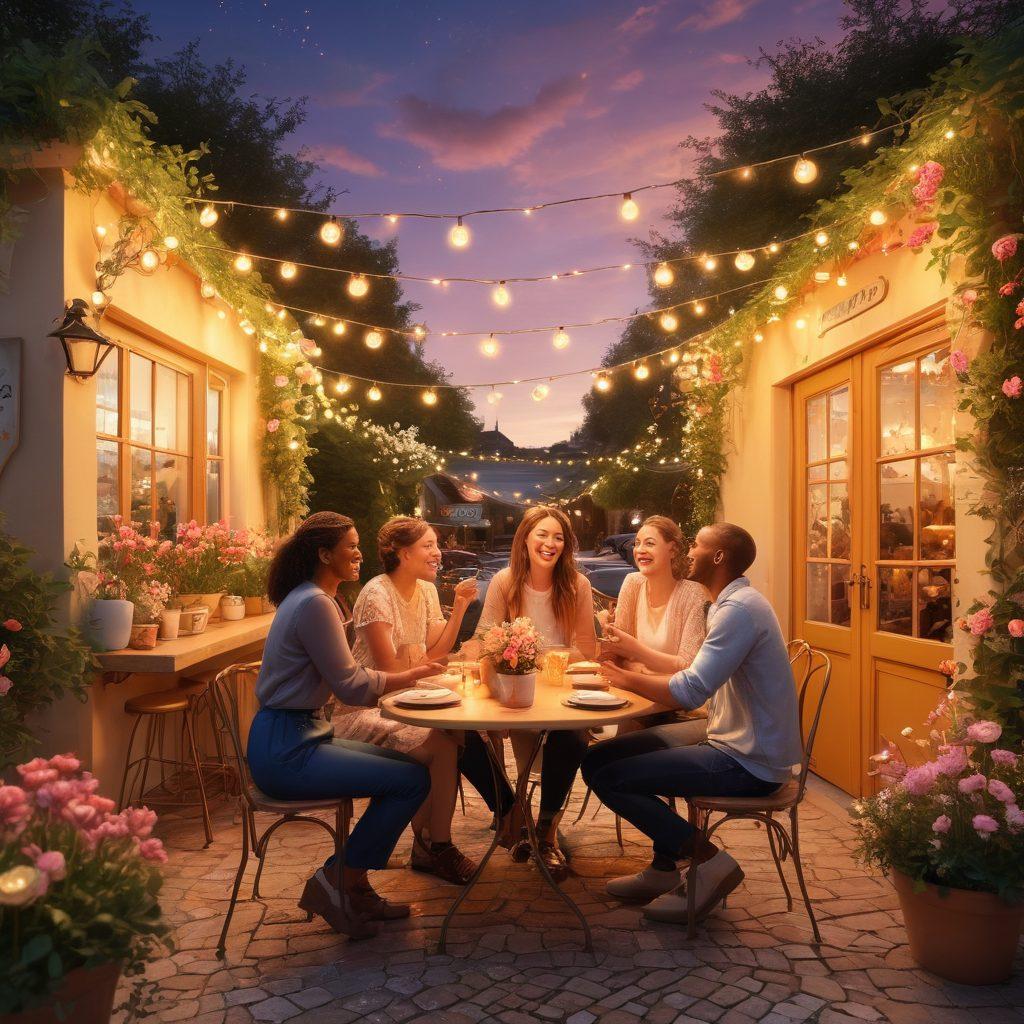 A visually captivating scene depicting a diverse group of individuals engaged in a lively outdoor café setting, exchanging laughter and meaningful conversations, surrounded by blooming flowers and twinkling fairy lights. Include elements symbolizing connection, such as intertwined hands and hearts in the background, with a warm sunset casting a golden glow over the scene. whimsical illustration. vibrant colors. 3D.