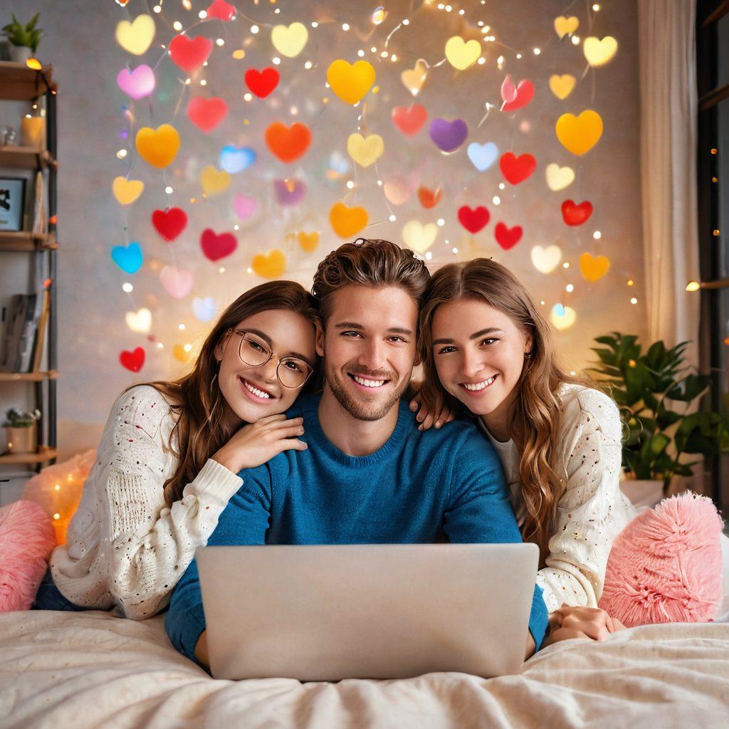 A couple engaged in a video call, their faces glowing with warmth and affection, surrounded by floating virtual hearts and emojis. The background features a cozy, softly lit room, symbolizing intimacy in a digital space. Include elements like a laptop, soft pillows, and fairy lights creating a romantic atmosphere. colorful digital overlays representing emotional connections. super-realistic. vibrant colors.