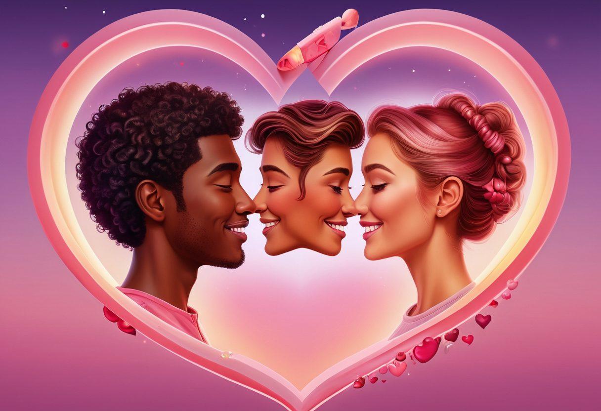 A whimsical illustration depicting a colorful spectrum that intertwines casual dating scenes on one end and heartfelt romantic connections on the other. Use vibrant hearts, playful elements like playful emojis, and soft glowing lights to enhance the emotional connection. The background features a soft gradient transitioning from playful pinks to deep reds, symbolizing the complexity of love. whimsical art. vibrant colors. soft glow.